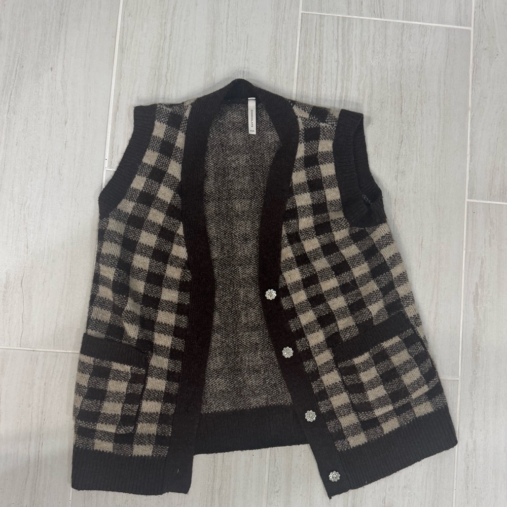 SOLD Chocolate Check Embellished Sweater Vest - Size: Medium